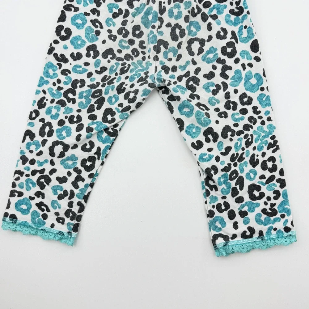 Justice Girls Y2K Leopard Print Cropped Leggings Teal &‎ Black Lace Trim Size 6